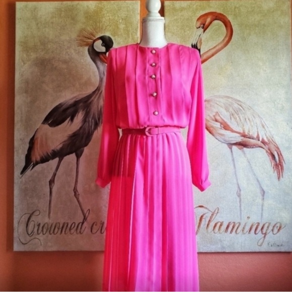 Ms. Chaus Vintage Dress Pleated Belt Pink Pearl 6 - Picture 1 of 8